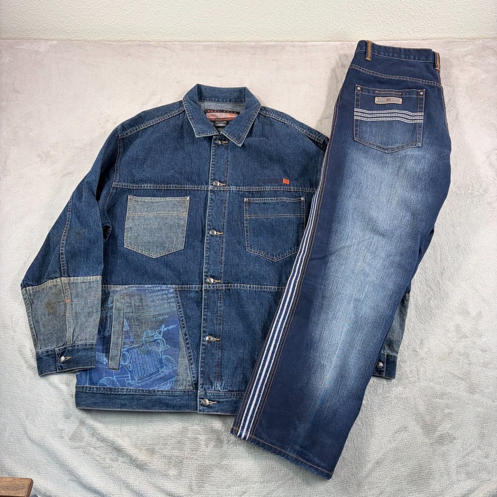 Vintage‎ Y2K Phat Farm Denim Baggy Hip Hop Jacket 3XL Jeans 38x33 Set